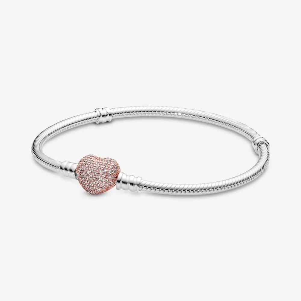 Pandora Pavé Sterling Silver Bracelet w 14k rose gold-plated heart clasp - - Picture 4 of 15